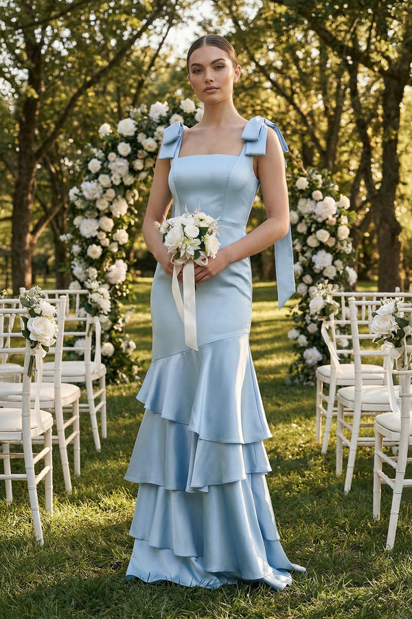 KissProm Tiered Maxi Satin Bridesmaid Dress with Bow Straps in Ice, Ice / 16
