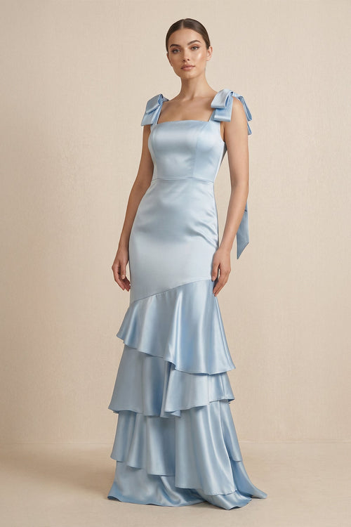 Tiered Maxi Satin Bridesmaid Dress with Bow Straps - KissProm Bridesmaid Dresses