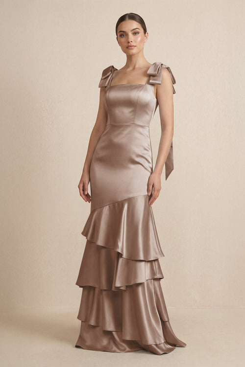 Tiered Maxi Satin Bridesmaid Dress with Bow Straps in Almond - KissProm Bridesmaid Dresses