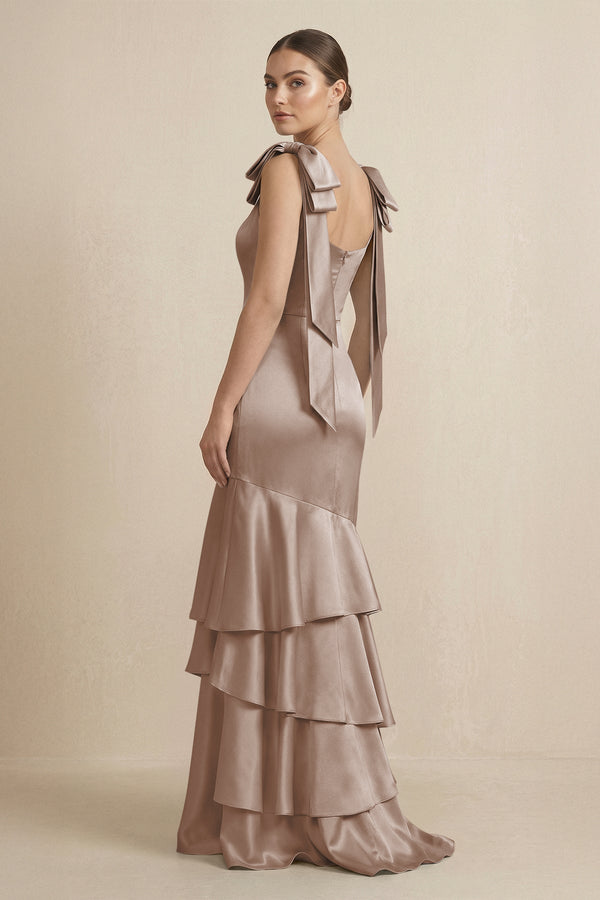Tiered Maxi Satin Bridesmaid Dress with Bow Straps in Almond - KissProm Bridesmaid Dresses