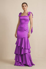 Tiered Maxi Satin Bridesmaid Dress with Bow Straps in Amethyst - KissProm Bridesmaid Dresses