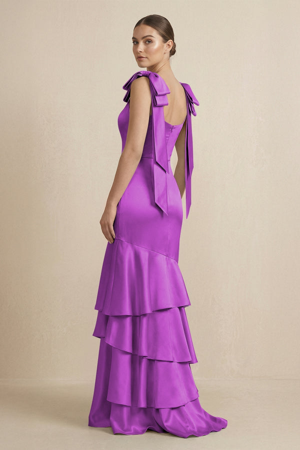 Tiered Maxi Satin Bridesmaid Dress with Bow Straps in Amethyst - KissProm Bridesmaid Dresses