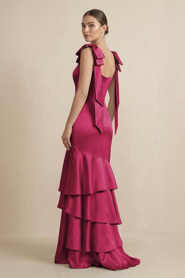 Tiered Maxi Satin Bridesmaid Dress with Bow Straps in Berry - KissProm Bridesmaid Dresses