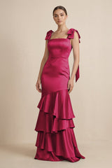 Tiered Maxi Satin Bridesmaid Dress with Bow Straps in Berry - KissProm Bridesmaid Dresses