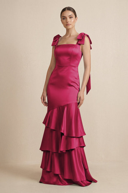 Tiered Maxi Satin Bridesmaid Dress with Bow Straps in Berry - KissProm Bridesmaid Dresses