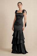 Tiered Maxi Satin Bridesmaid Dress with Bow Straps in Black - KissProm Bridesmaid Dresses