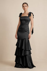 Tiered Maxi Satin Bridesmaid Dress with Bow Straps in Black - KissProm Bridesmaid Dresses