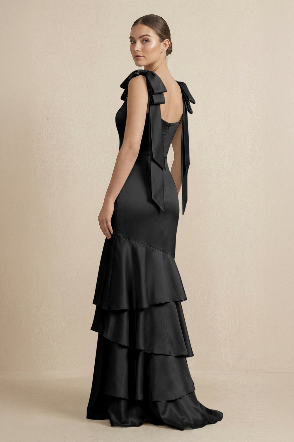 Tiered Maxi Satin Bridesmaid Dress with Bow Straps in Black - KissProm Bridesmaid Dresses