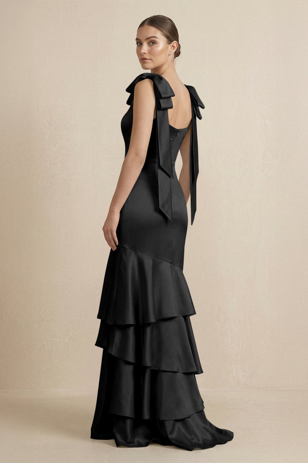 Tiered Maxi Satin Bridesmaid Dress with Bow Straps in Black - KissProm Bridesmaid Dresses