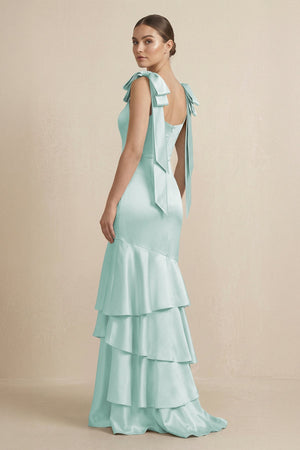 Tiered Maxi Satin Bridesmaid Dress with Bow Straps in Bleached Aqua - KissProm Bridesmaid Dresses