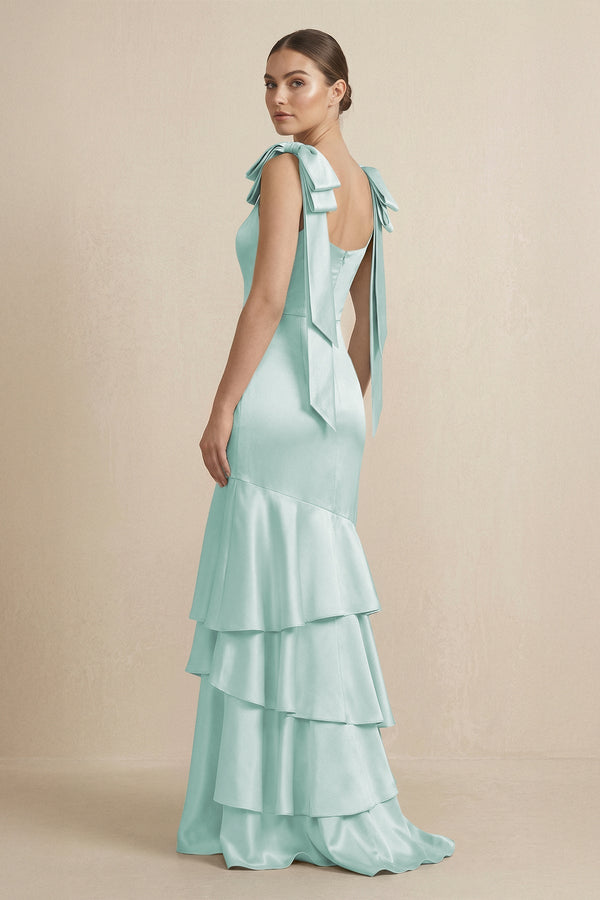 Tiered Maxi Satin Bridesmaid Dress with Bow Straps in Bleached Aqua - KissProm Bridesmaid Dresses