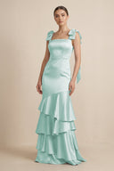 Tiered Maxi Satin Bridesmaid Dress with Bow Straps in Bleached Aqua - KissProm Bridesmaid Dresses