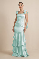Tiered Maxi Satin Bridesmaid Dress with Bow Straps in Bleached Aqua - KissProm Bridesmaid Dresses