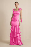 Tiered Maxi Satin Bridesmaid Dress with Bow Straps in Bon Bon Pink - KissProm Bridesmaid Dresses