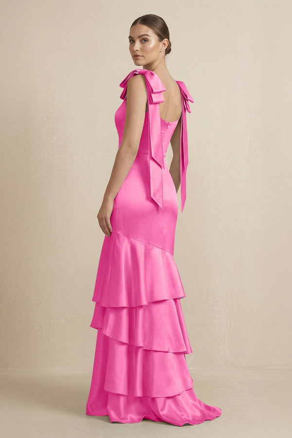 Tiered Maxi Satin Bridesmaid Dress with Bow Straps in Bon Bon Pink - KissProm Bridesmaid Dresses