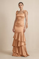 Tiered Maxi Satin Bridesmaid Dress with Bow Straps in Bronzer - KissProm Bridesmaid Dresses