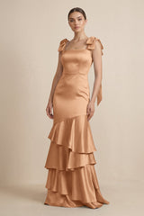 Tiered Maxi Satin Bridesmaid Dress with Bow Straps in Bronzer - KissProm Bridesmaid Dresses