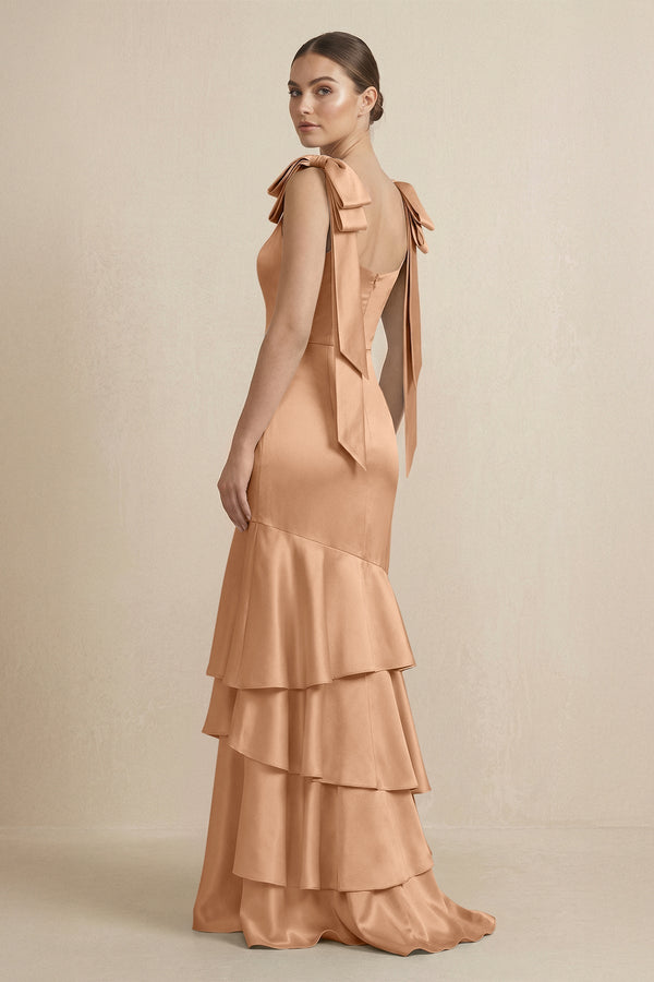Tiered Maxi Satin Bridesmaid Dress with Bow Straps in Bronzer - KissProm Bridesmaid Dresses