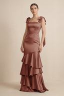Tiered Maxi Satin Bridesmaid Dress with Bow Straps in Brown - KissProm Bridesmaid Dresses