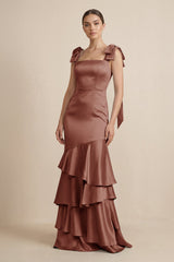 Tiered Maxi Satin Bridesmaid Dress with Bow Straps in Brown - KissProm Bridesmaid Dresses