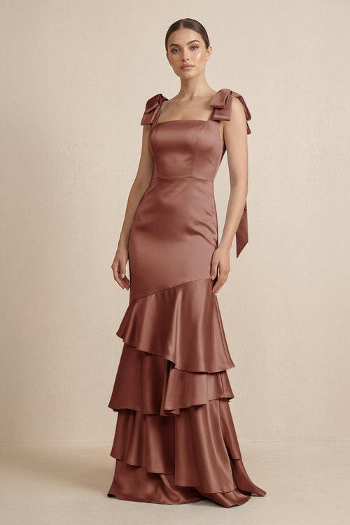 Tiered Maxi Satin Bridesmaid Dress with Bow Straps in Brown - KissProm Bridesmaid Dresses