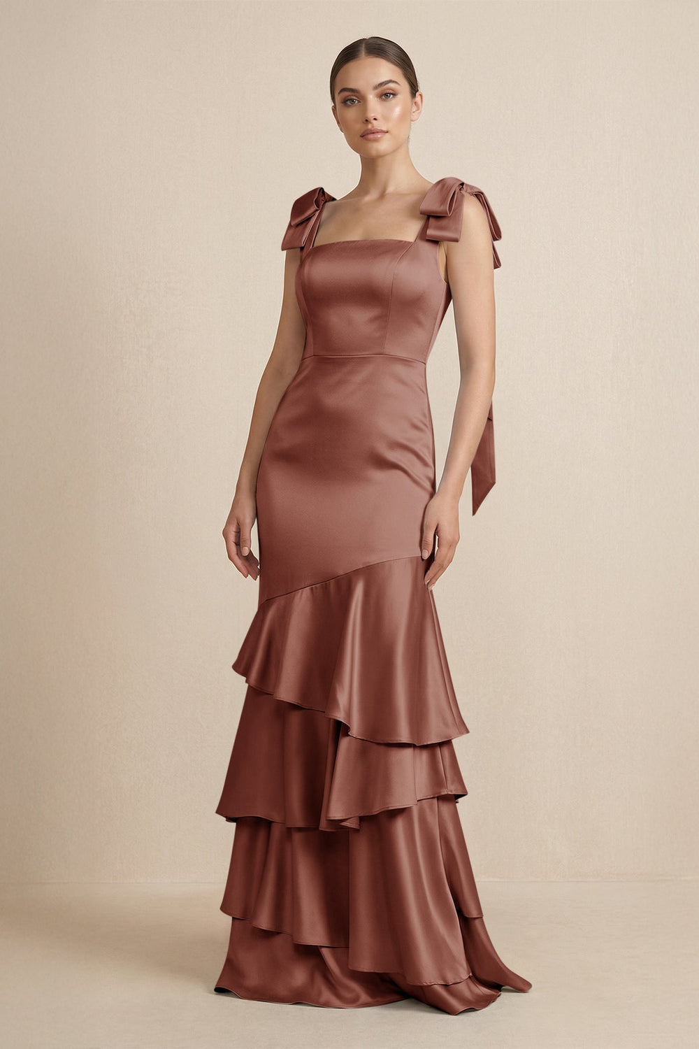 Tiered Maxi Satin Bridesmaid Dress with Bow Straps in Brown - KissProm Bridesmaid Dresses