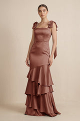 Tiered Maxi Satin Bridesmaid Dress with Bow Straps in Brown - KissProm Bridesmaid Dresses