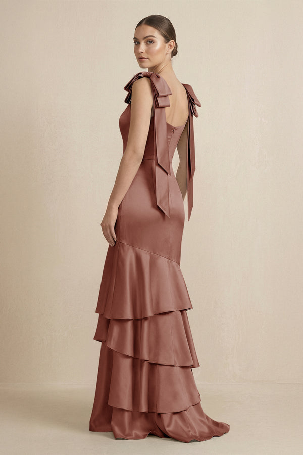 Tiered Maxi Satin Bridesmaid Dress with Bow Straps in Brown - KissProm Bridesmaid Dresses