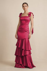 Tiered Maxi Satin Bridesmaid Dress with Bow Straps in Burgundy - KissProm Bridesmaid Dresses