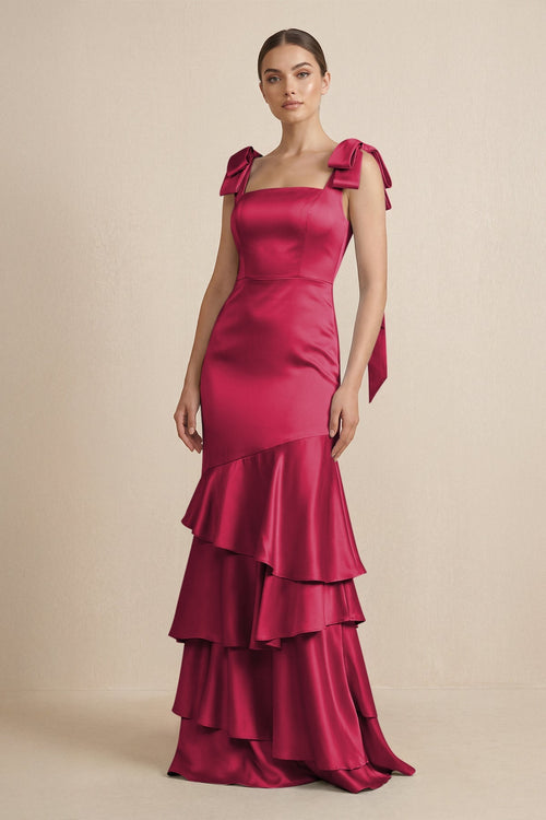 Tiered Maxi Satin Bridesmaid Dress with Bow Straps in Burgundy - KissProm Bridesmaid Dresses