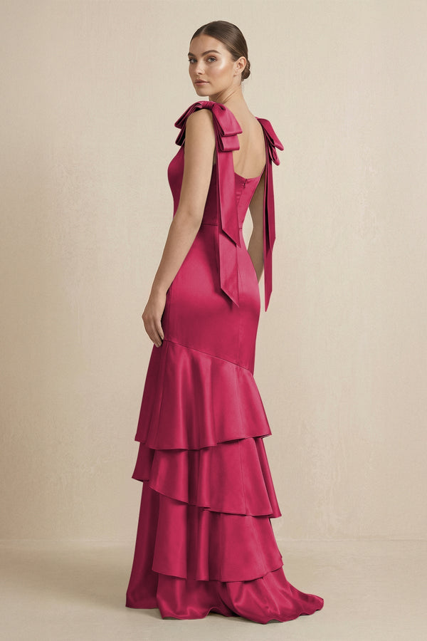 Tiered Maxi Satin Bridesmaid Dress with Bow Straps in Burgundy - KissProm Bridesmaid Dresses