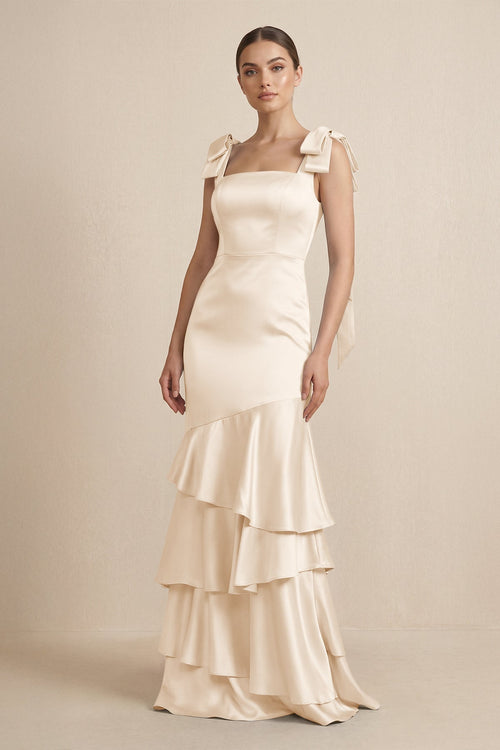 Tiered Maxi Satin Bridesmaid Dress with Bow Straps in Buttercream - KissProm Bridesmaid Dresses