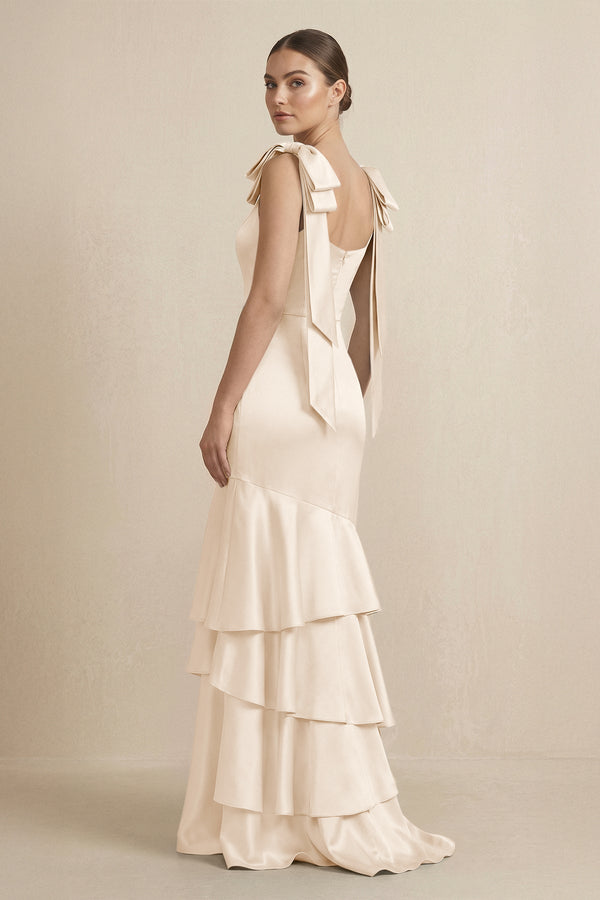 Tiered Maxi Satin Bridesmaid Dress with Bow Straps in Buttercream - KissProm Bridesmaid Dresses