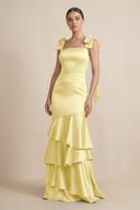 Tiered Maxi Satin Bridesmaid Dress with Bow Straps in Buttercup - KissProm Bridesmaid Dresses