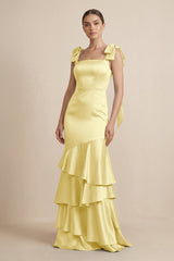 Tiered Maxi Satin Bridesmaid Dress with Bow Straps in Buttercup - KissProm Bridesmaid Dresses