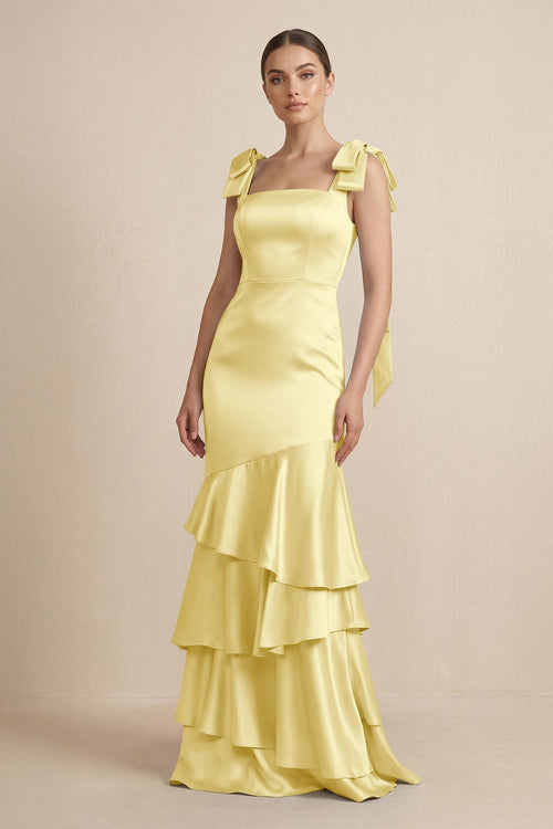Tiered Maxi Satin Bridesmaid Dress with Bow Straps in Buttercup - KissProm Bridesmaid Dresses
