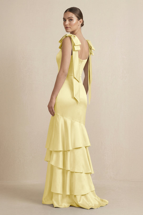 Tiered Maxi Satin Bridesmaid Dress with Bow Straps in Buttercup - KissProm Bridesmaid Dresses
