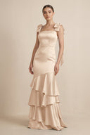 Tiered Maxi Satin Bridesmaid Dress with Bow Straps in Champagne - KissProm Bridesmaid Dresses