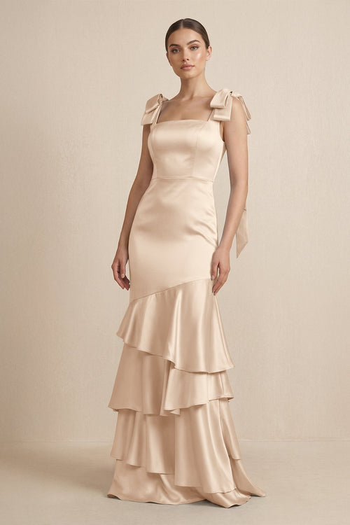 Tiered Maxi Satin Bridesmaid Dress with Bow Straps in Champagne - KissProm Bridesmaid Dresses