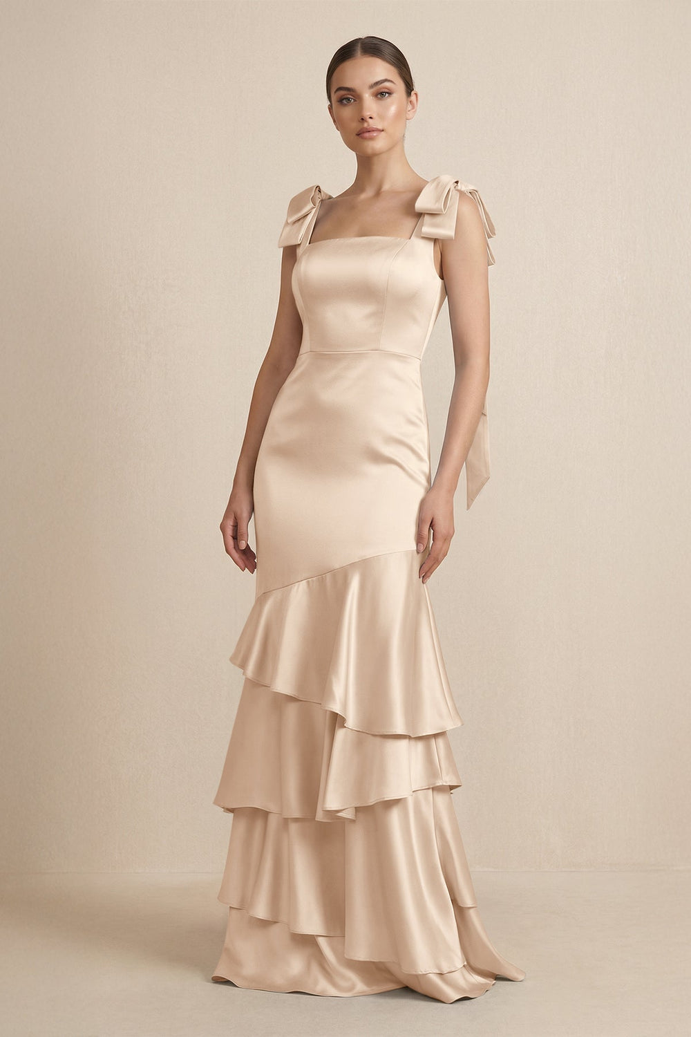 Tiered Maxi Satin Bridesmaid Dress with Bow Straps in Champagne - KissProm Bridesmaid Dresses