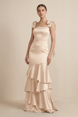 Tiered Maxi Satin Bridesmaid Dress with Bow Straps in Champagne - KissProm Bridesmaid Dresses