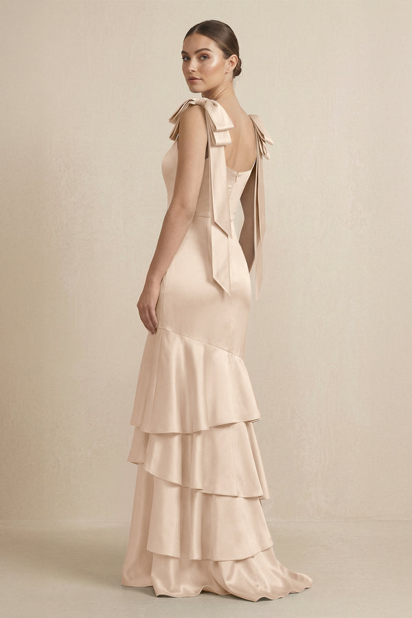 Tiered Maxi Satin Bridesmaid Dress with Bow Straps in Champagne - KissProm Bridesmaid Dresses