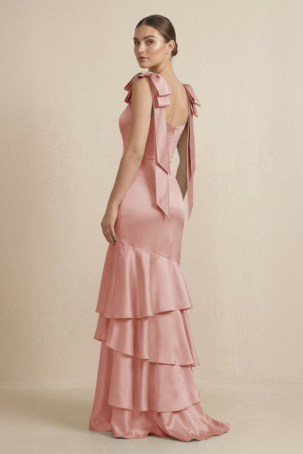 Tiered Maxi Satin Bridesmaid Dress with Bow Straps in Champagne Rose - KissProm Bridesmaid Dresses