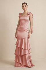 Tiered Maxi Satin Bridesmaid Dress with Bow Straps in Champagne Rose - KissProm Bridesmaid Dresses