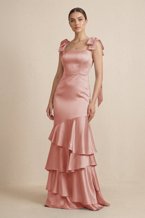 Tiered Maxi Satin Bridesmaid Dress with Bow Straps in Champagne Rose - KissProm Bridesmaid Dresses