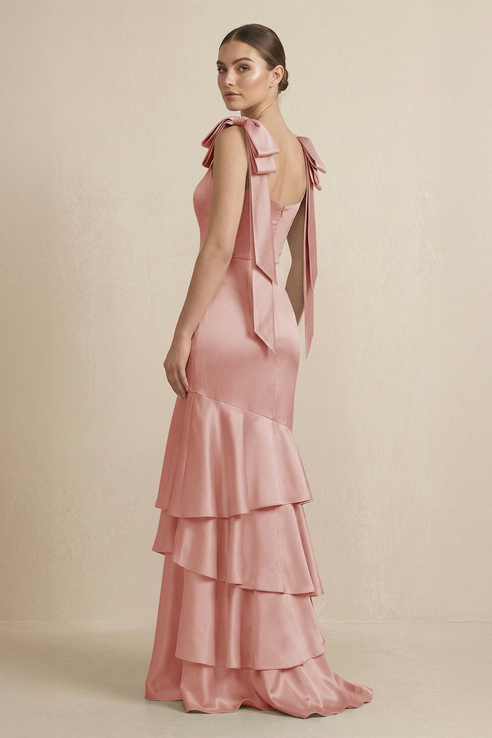 Tiered Maxi Satin Bridesmaid Dress with Bow Straps in Champagne Rose - KissProm Bridesmaid Dresses