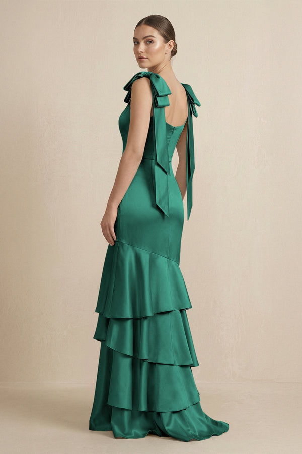 Tiered Maxi Satin Bridesmaid Dress with Bow Straps in Dark Green - KissProm Bridesmaid Dresses