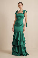 Tiered Maxi Satin Bridesmaid Dress with Bow Straps in Dark Green - KissProm Bridesmaid Dresses