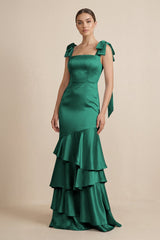 Tiered Maxi Satin Bridesmaid Dress with Bow Straps in Dark Green - KissProm Bridesmaid Dresses
