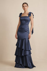 Tiered Maxi Satin Bridesmaid Dress with Bow Straps in Dark Navy - KissProm Bridesmaid Dresses